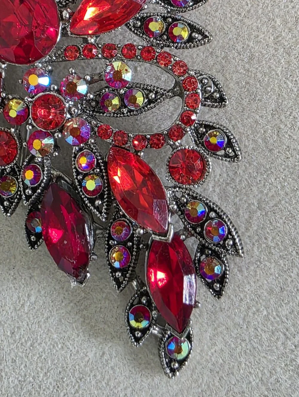 Vintage Style Ruby Red AB Rhinestone Floral Brooch Pin | Large Statement Pin